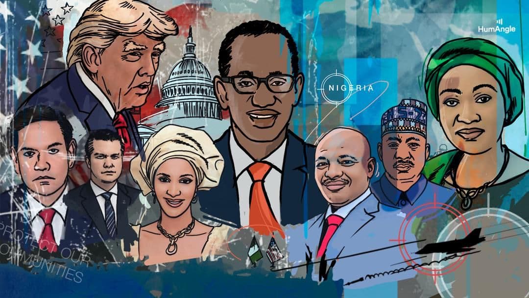 Colorful collage of officials and global landmarks, featuring abstract art elements and text "Nigeria" with a plane silhouette.