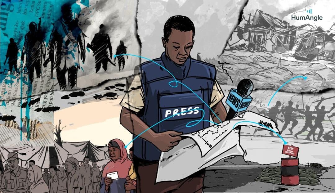 Journalist in a press vest reads notes amid scenes of conflict and displacement, with silhouettes of soldiers and refugees in the background.