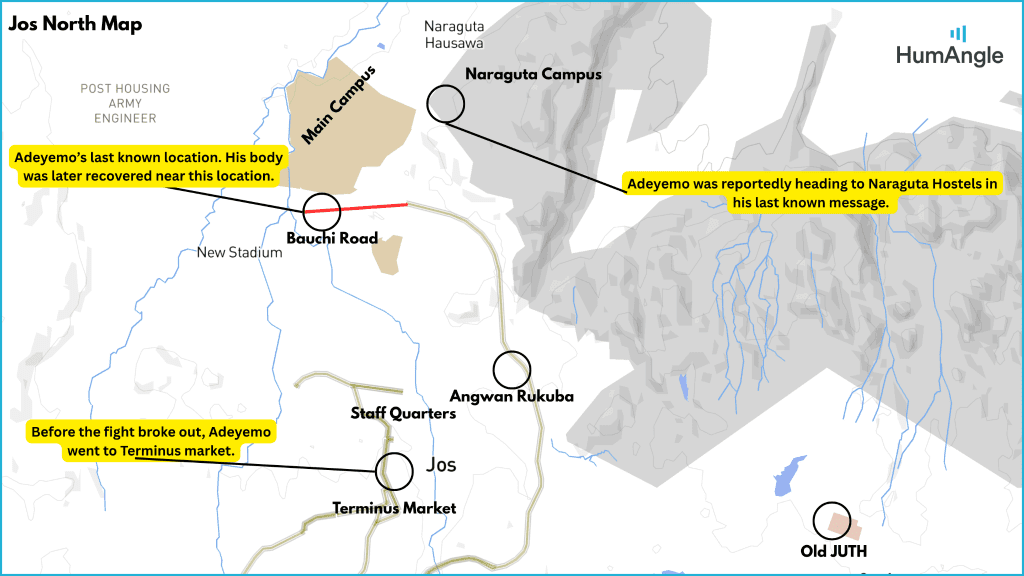 Map of Jos North showing locations related to Adeyemo