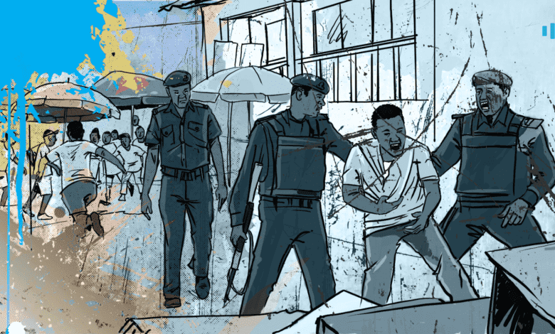 Illustration of police officers detaining a man on a bustling street, with bystanders and market stalls in the background.