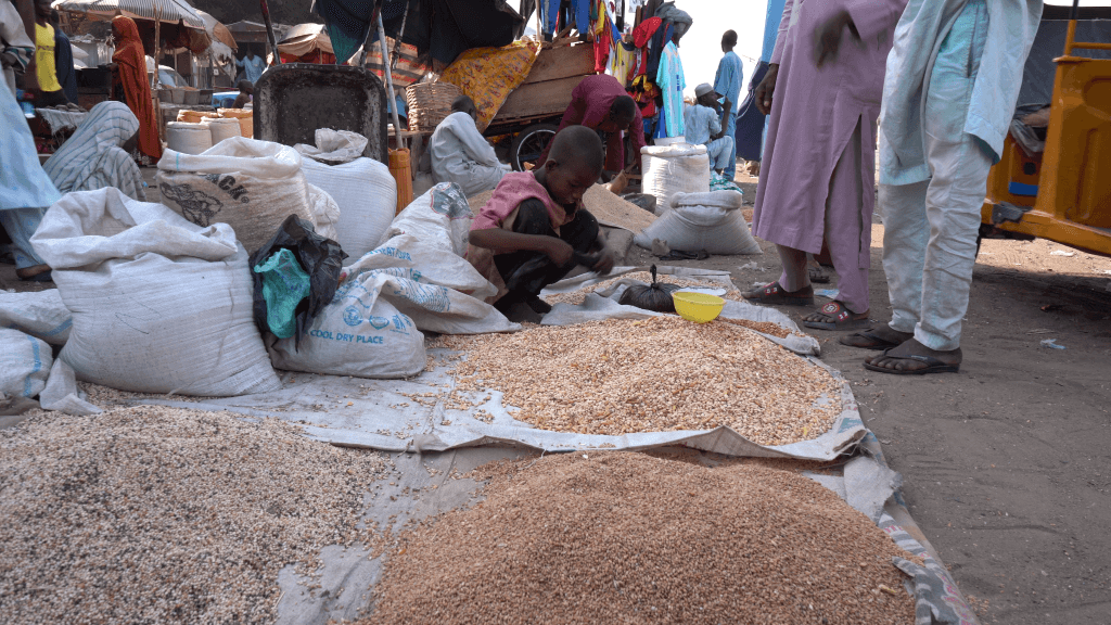 A child sorts grains at an outdoor market, surrounded by bags and piles of produce. People stand nearby, and colorful fabrics hang in the background.