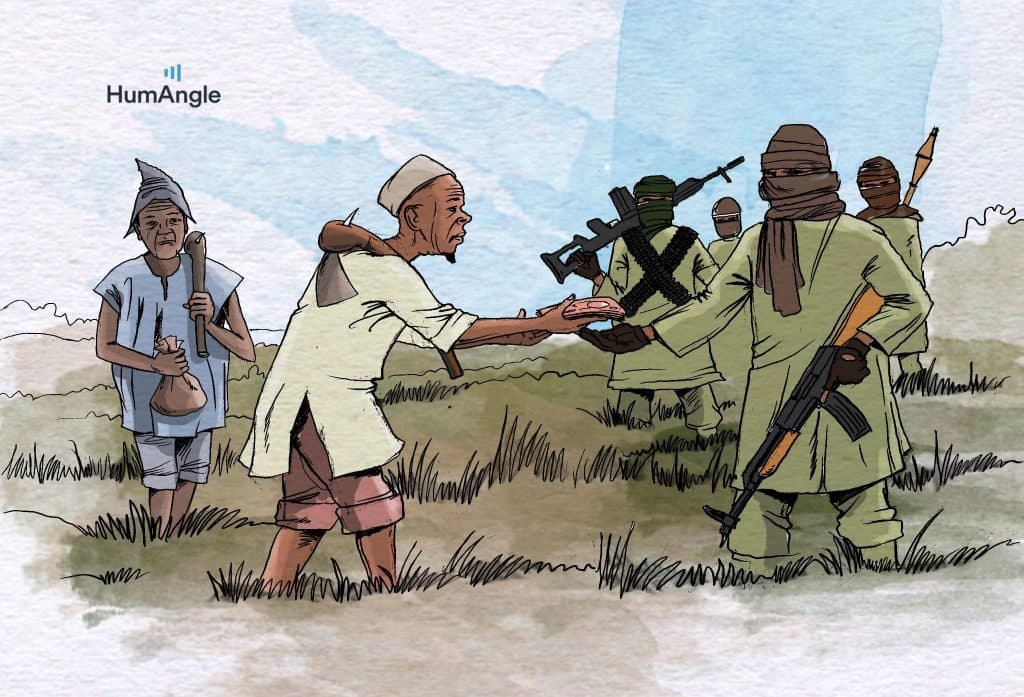 Illustration of two farmers offering food to armed militants in a grassy field, highlighting a tense exchange.