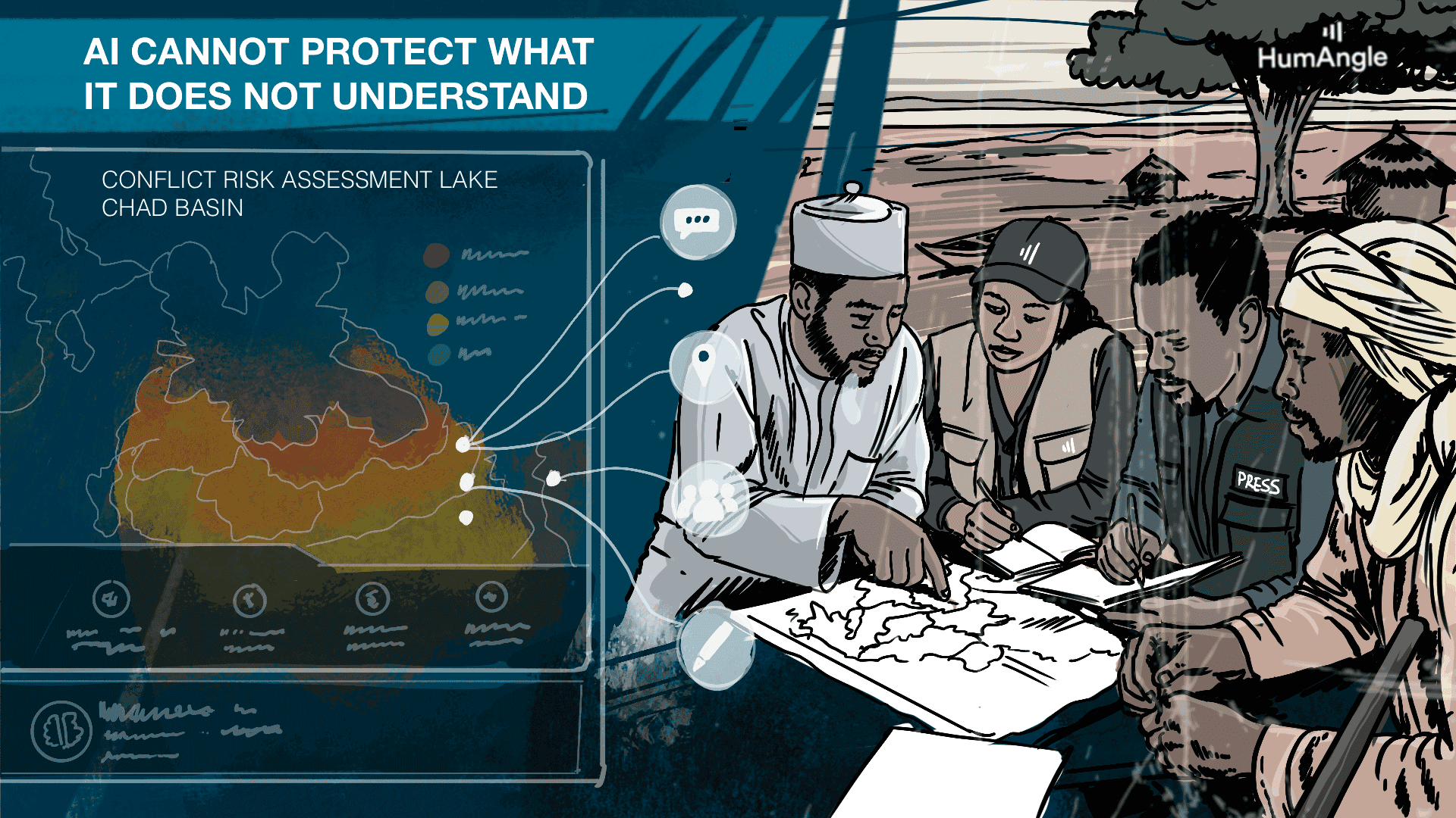 Illustration of people discussing a map, with text "AI cannot protect what it does not understand" and a conflict risk map of Lake Chad Basin.