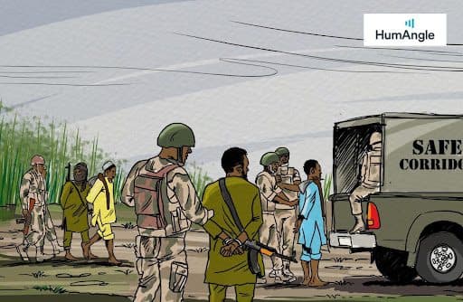 Soldiers escort people towards a truck labeled "Safety Corridor" in a grassy, rural area. The scene is illustrated with muted colors.