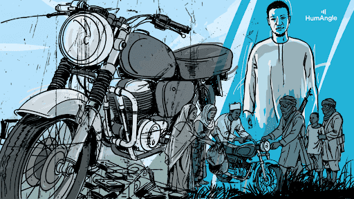 Illustration of a large motorcycle, people gathered around a smaller bike, and a person standing against a blue background.