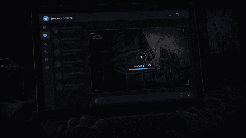 Laptop screen showing a live upload at 72%. A seated person appears in the video feed on a dimly lit room.
