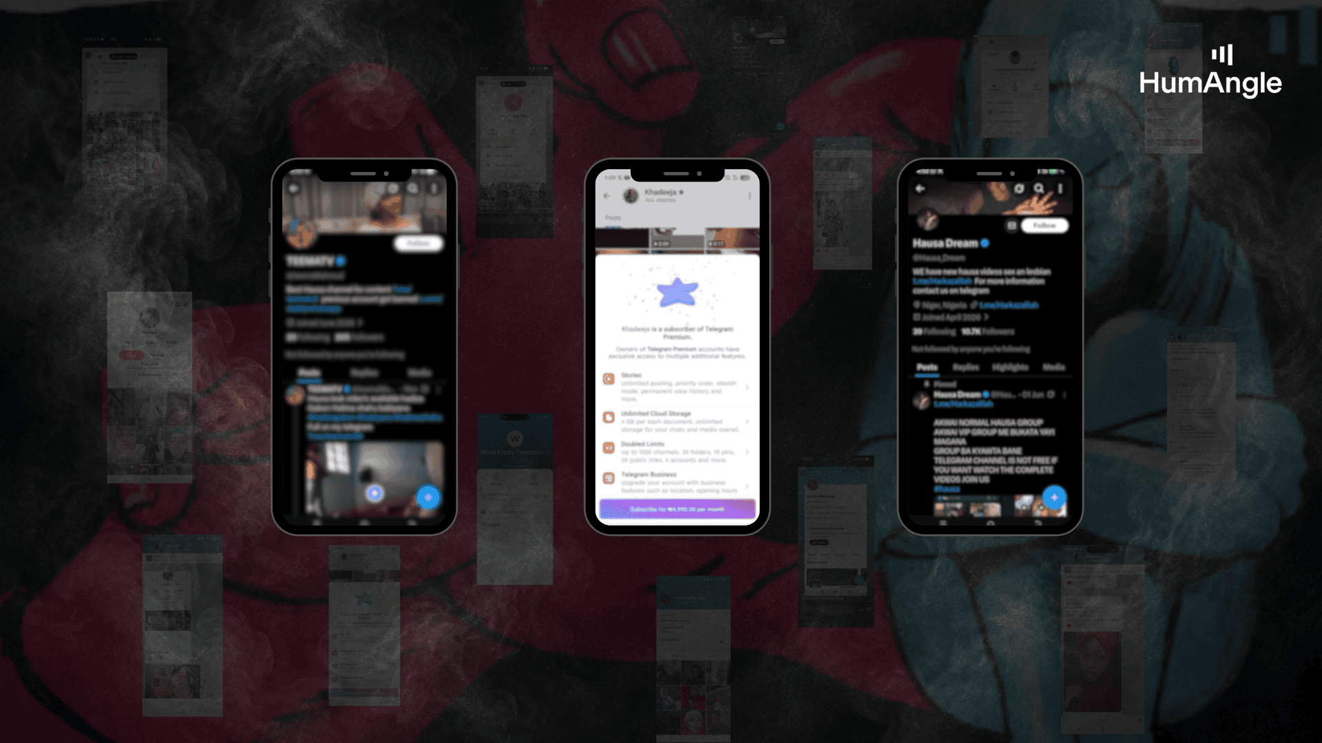 Three smartphones display different social media profiles and apps against a dark, smoky background with various images.