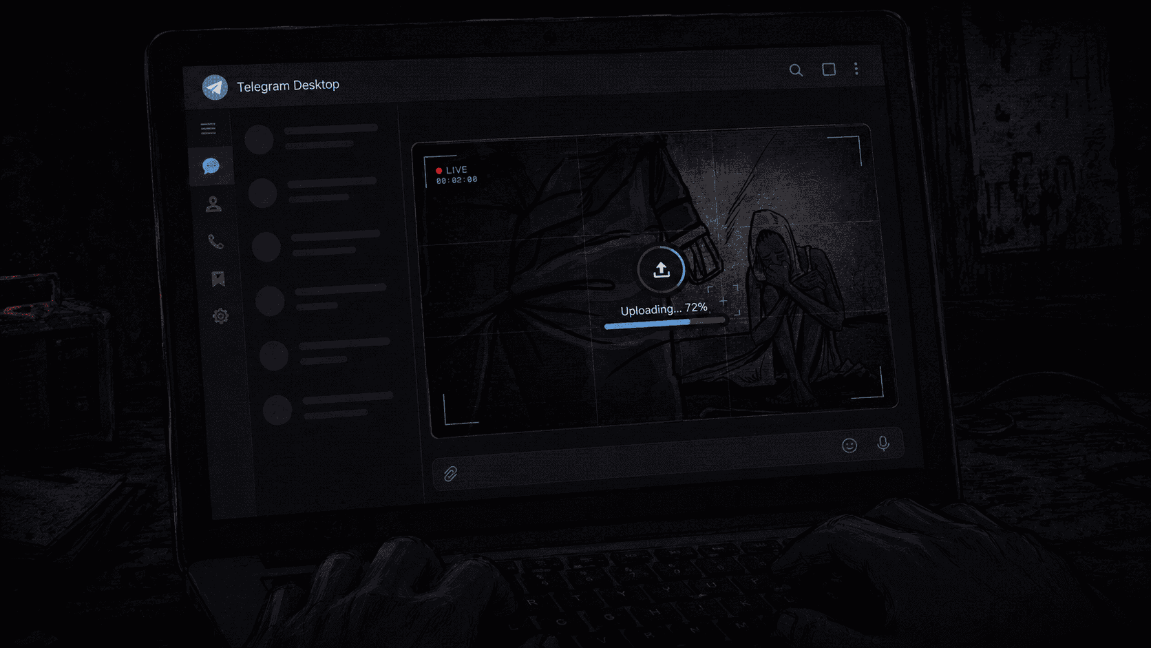 A laptop screen with Telegram open shows a live video being uploaded, featuring a distressed individual. Upload progress is at 72%.