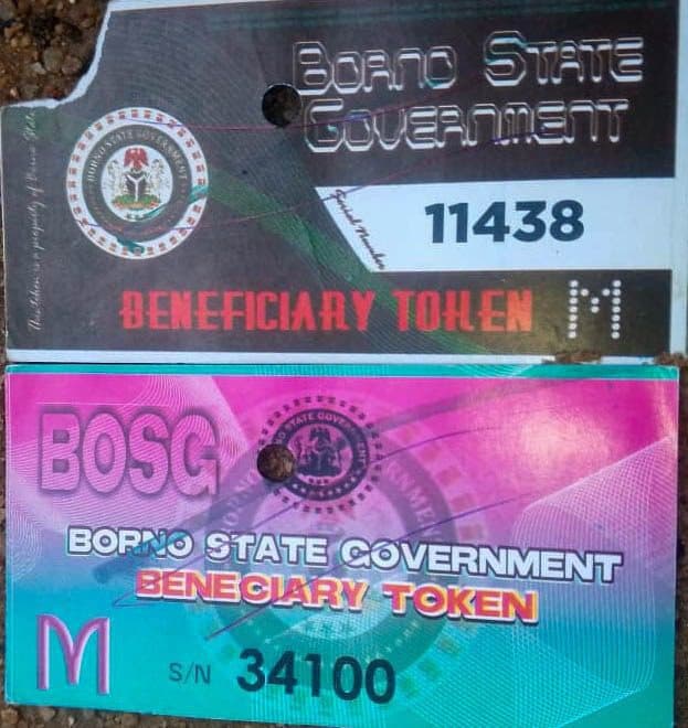 Two Borno State Government beneficiary tokens, numbered 11438 and 34100, with M category indication.