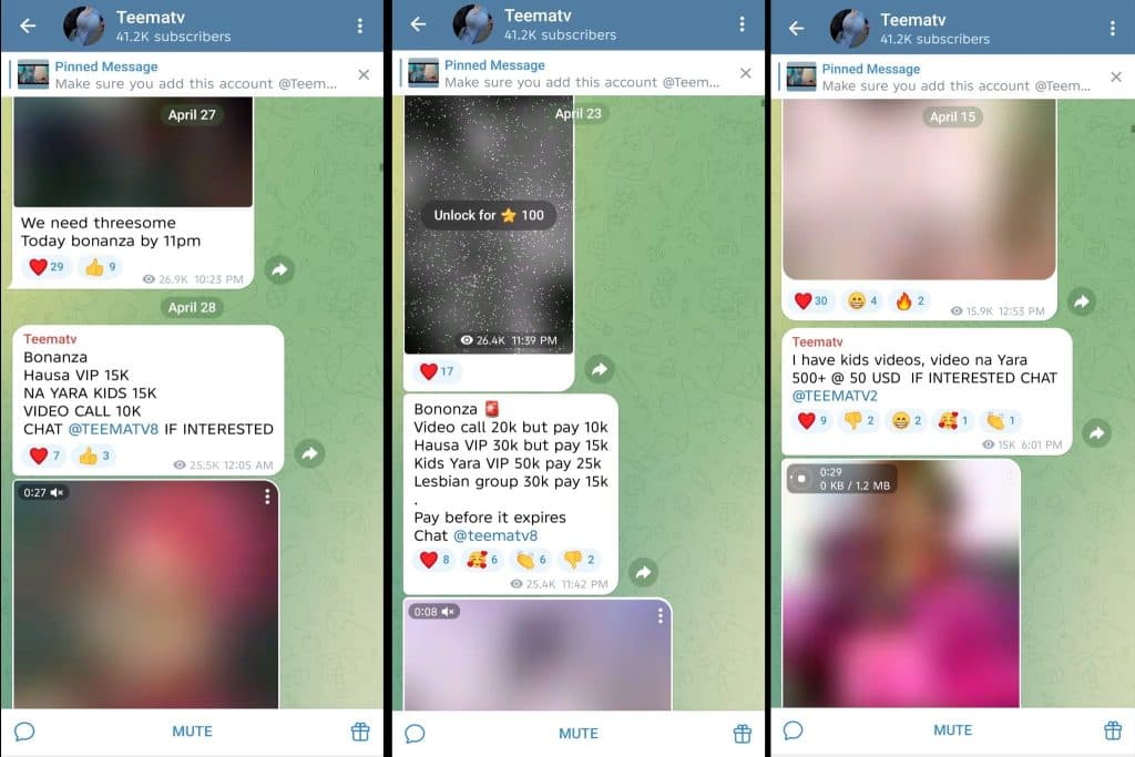 Screenshot of a messaging app showing multiple chat promotions and blurred video previews with various reaction emojis.