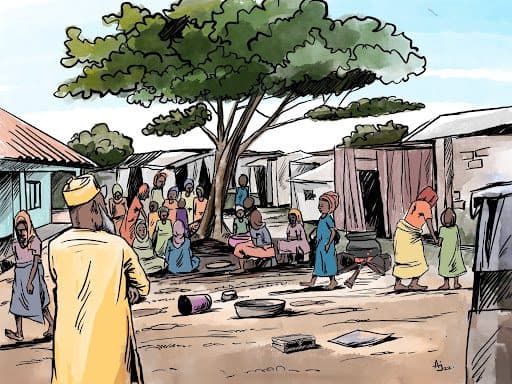 A bustling village scene with people gathered under a large tree, surrounded by houses and everyday items, depicted in colorful illustration.