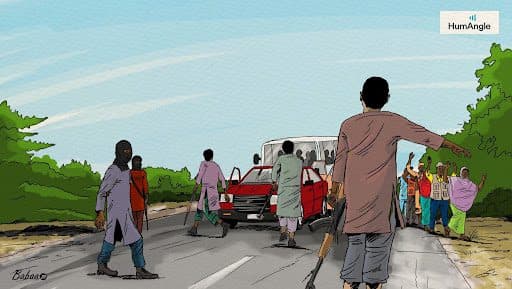A group of armed people stop a red vehicle on a rural road, while others stand nearby with raised arms.