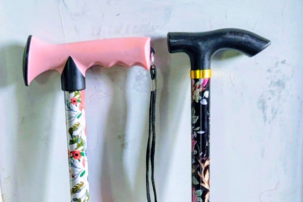 Two floral walking sticks on a light background; one with a pink handle and the other with a black handle.