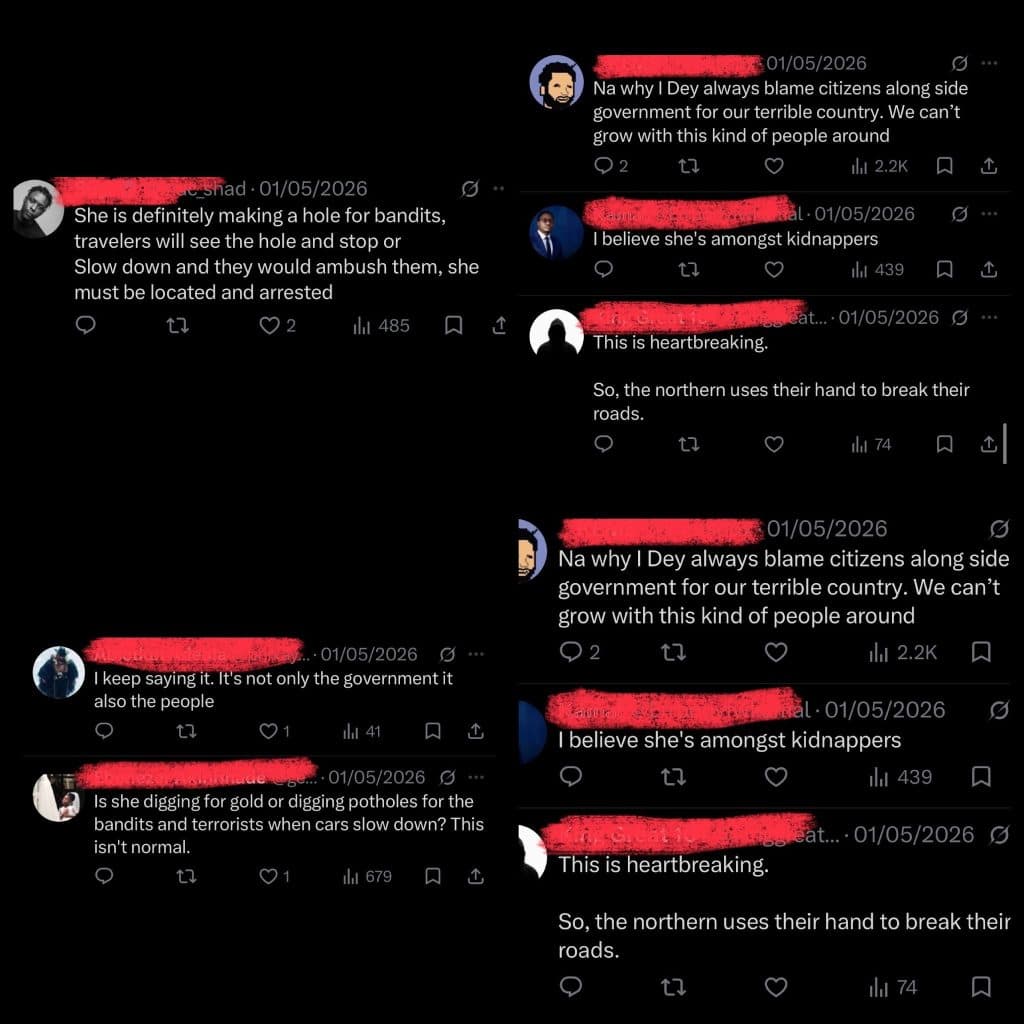 Tweets discussing suspicions about a woman digging potholes. Users express concern over potential danger and blame citizens and government.