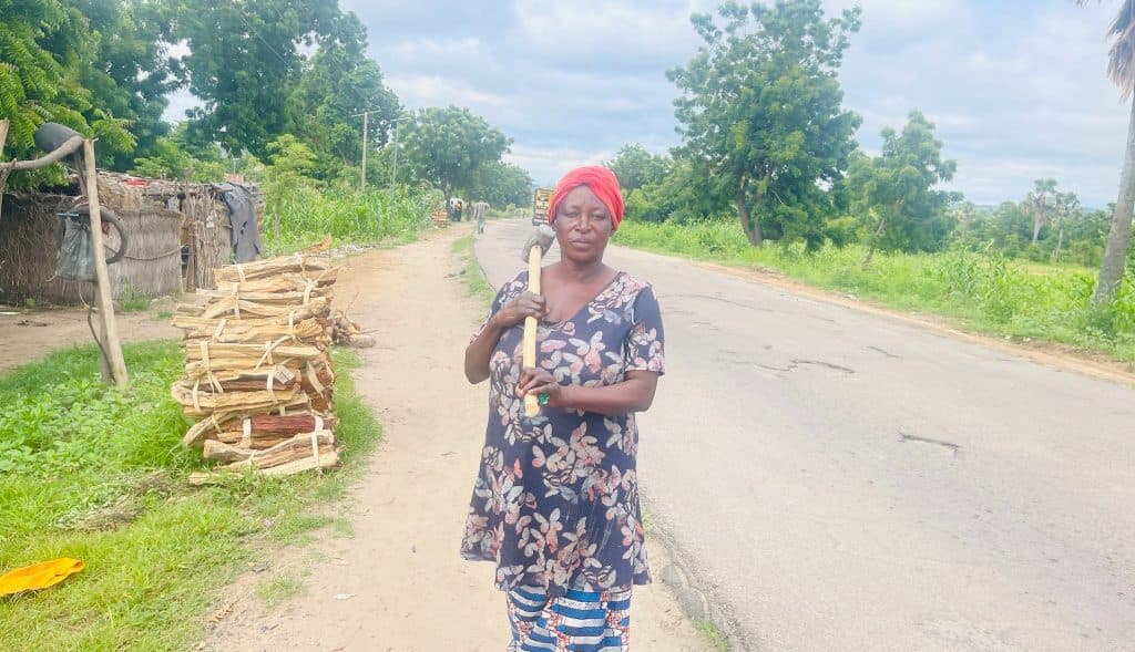 A woman in a red headscarf stands by a roadside, holding a hoe. Stacks of firewood and lush green trees line the path.