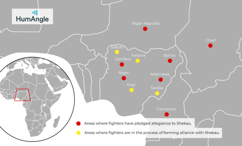 Areas where fighters have pledged allegiance to Shekau