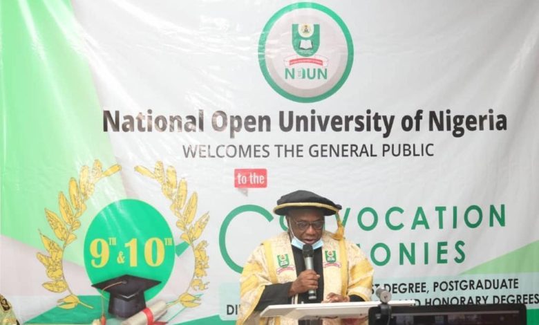 Professor Abdalla Uba Adamu, outgoing Vice-Chancellor of National Open University of Nigeria (NOUN) speaking during the university’s convocation ceremony