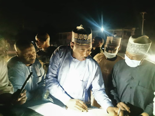 Borno Governor and an official of NEMA conducting headcount midnight on Sunday, at Mohammed Goni College of Islamic Legal Studies, MOGOCOLIS, where IDPs from Abadam LGS, are camped in Maiduguri.