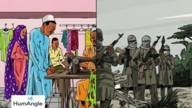 HumAngle sketch depicting the past and present life of a Boko Haram ex-fighter now working as a tailor in Kaduna.