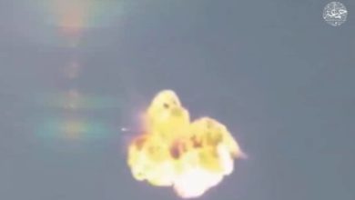 A ball of explosion covers a Nigerian Air Force Alpha Jet. Screenshot from a propaganda video released April 4, 2021