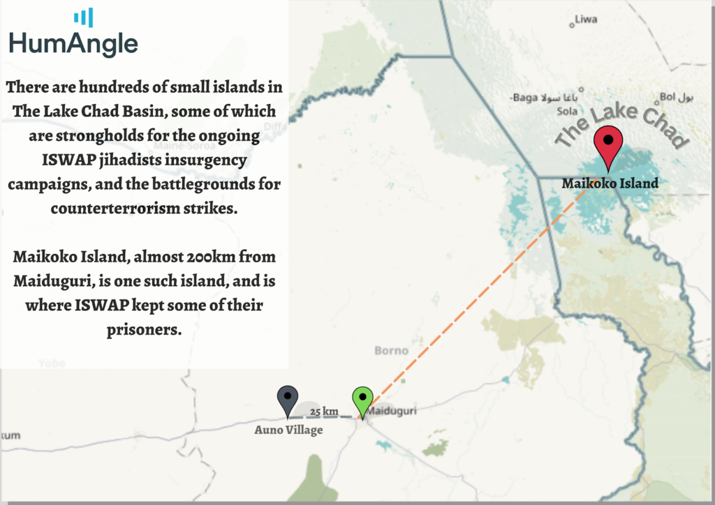 a map showing the distance from the islands in Lake Chad to Maiduguri