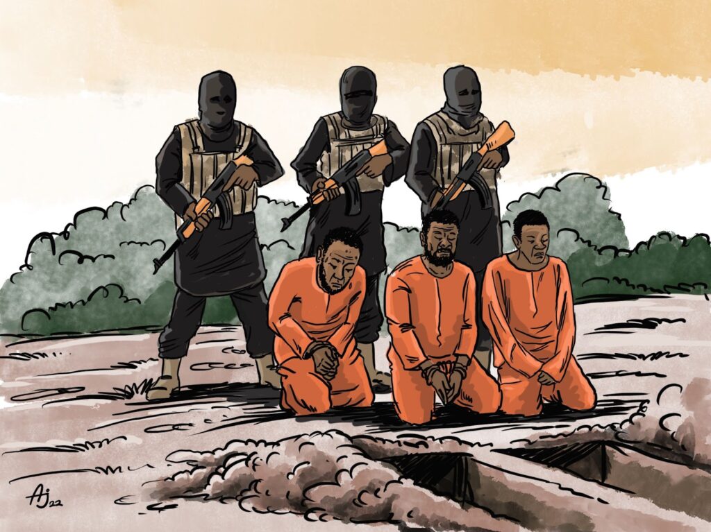 The picture shows three men in orange overalls kneeling down in front of holes dug in the ground. Behind them are masked men with guns