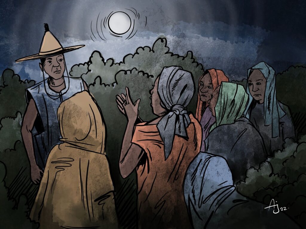 The women encounter a Fulani man by the light of the moon and beg him for help