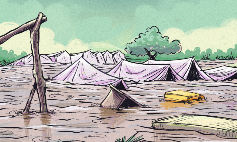 an illustration of tents in a displacement camp under flood water