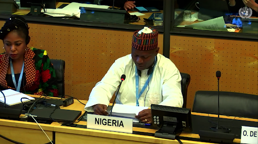 Kashim Adeiza Adamu, Minister, Permanent Mission of Nigeria to the United Nations Office and other international organisations in Geneva, presents the country’s report on Sept. 18, 2023. Screenshot from livestream by the United Nations Office in Geneva (UNOG).