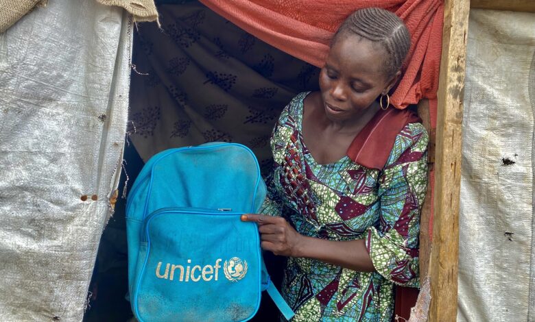 Yana shows her child’s school bag. He has stopped using it since their camp was shut down in 2022.