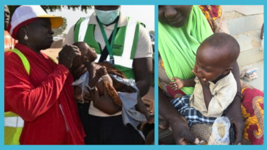 Left: Aisha Mohammed Maidala examining a malnourished Awana Ali at the Muna IDP camp in March 2018. Right: Two months later when Awana had fully recovered after the local RUTF was administered to him.