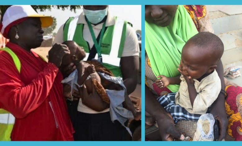 Left: Aisha Mohammed Maidala examining a malnourished Awana Ali at the Muna IDP camp in March 2018. Right: Two months later when Awana had fully recovered after the local RUTF was administered to him.
