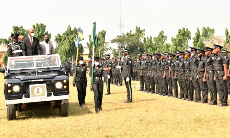 Tayo Ayinde, representative of Lagos State Governor and the Chief of Staff to the Governor (middle in motorcade), inspecting the Guard of Honour during the passing out parade of 1,250 Special Constabulary Officers at the Police College, Ikeja, on Tuesday, January 5, 2020. Photo: @followlasg/X.