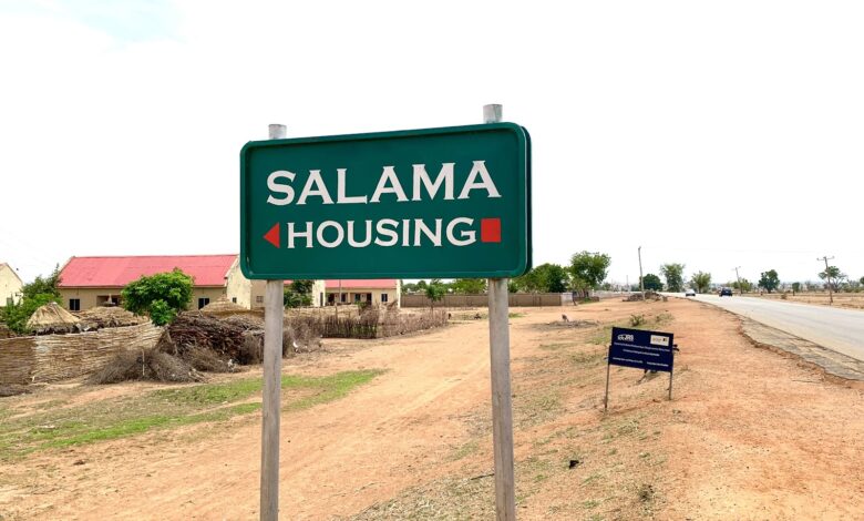Signpost leading to the housing estate built for the IDPs at Sangere-Margi in Girei. Photo: Saduwo Banyawa/Humangle.