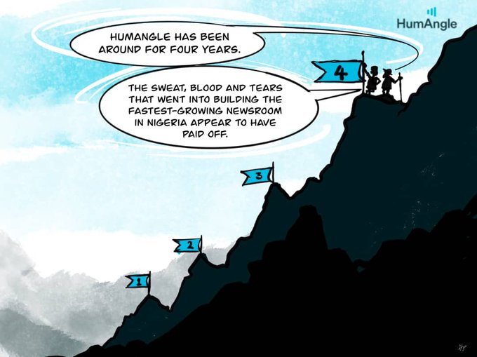 Illustration of climbers on a mountain with speech bubbles celebrating HumAngle's 4-year journey and growth in Nigeria.