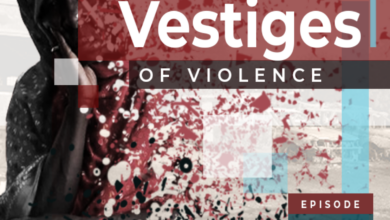 Graphic for "Vestiges of Violence" podcast, Episode 112, featuring a hooded figure and blood splatter motifs.