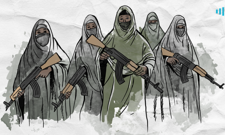Illustration of five women in traditional veils holding rifles against a textured background.