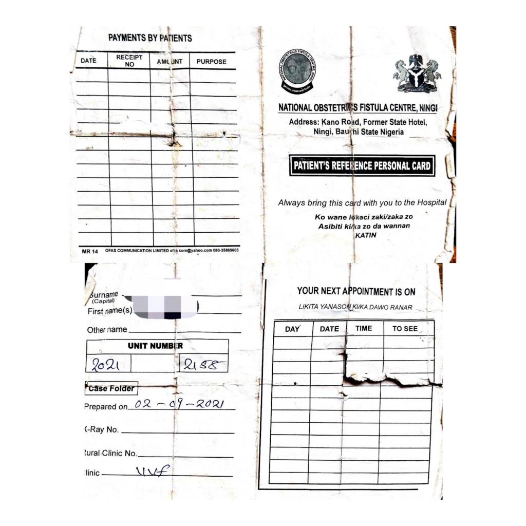 Torn and stained patient reference card from National Obstetrics & Fistula Centre, Ningi, with personal information redacted and visible appointment details.