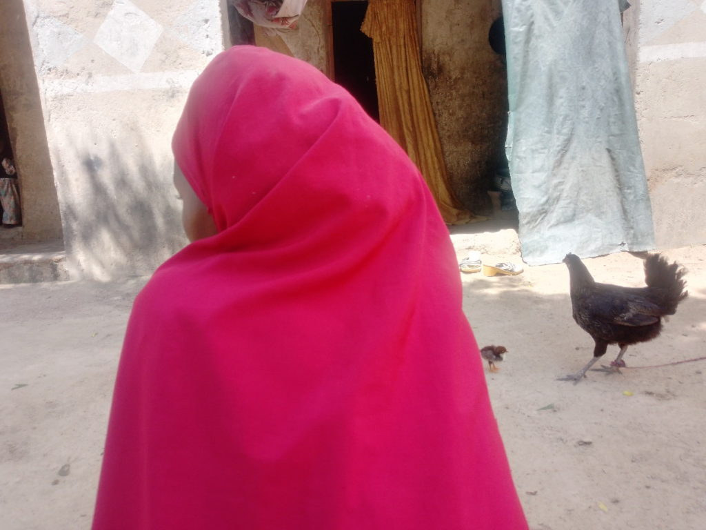 A person in a pink garment turned away, with a chicken nearby in a sunny courtyard.
