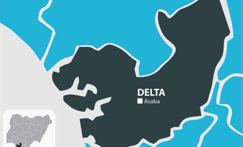 Stylized map highlighting Delta state with its capital Asaba in Nigeria.