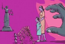 Illustration of Lady Justice, a mother and child looking at a broken bridge, and a giant hand looming, all on a purple background.