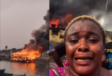 Split image showing a fierce fire on structures near water and a distressed woman crying.
