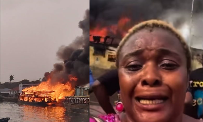 Split image showing a fierce fire on structures near water and a distressed woman crying.