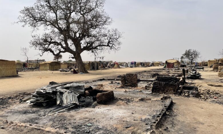 A desolate landscape with charred ruins, a leafless tree, and rudimentary shelters in the background.