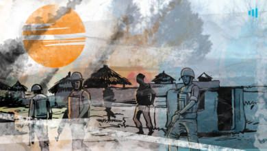 Illustration of soldiers on a tropical beach at sunset with a large, stylized orange sun in the background.