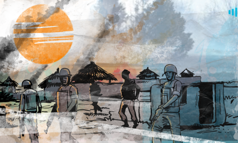 Illustration of soldiers on a tropical beach at sunset with a large, stylized orange sun in the background.