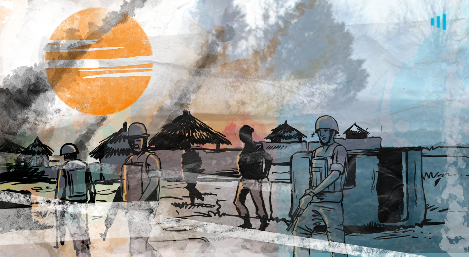 Illustration of soldiers on a tropical beach at sunset with a large, stylized orange sun in the background.