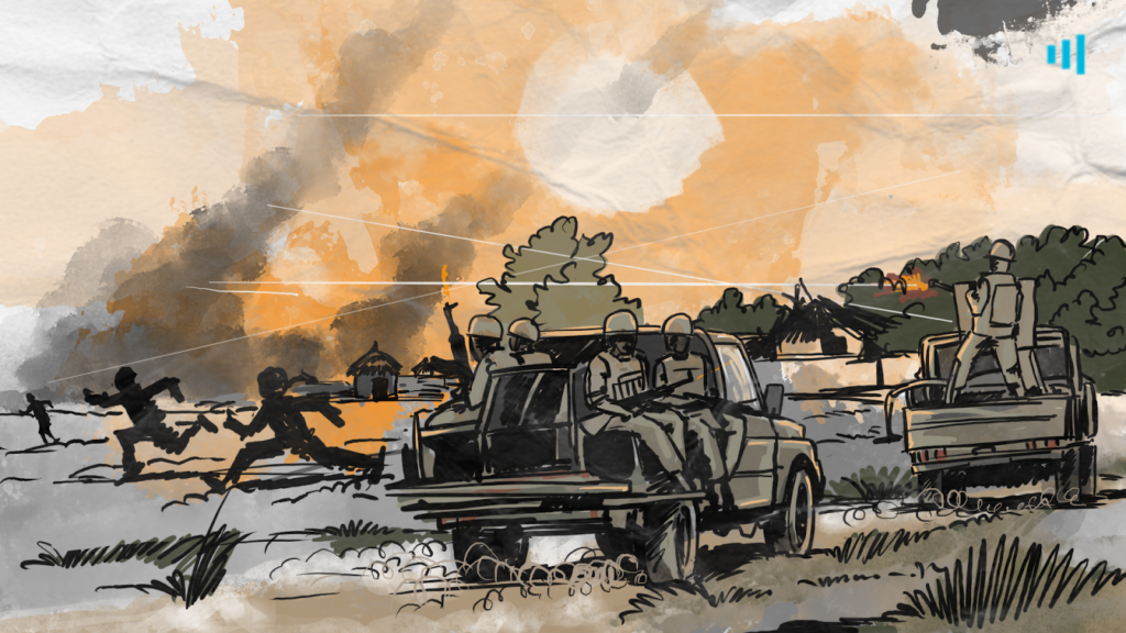 Illustration of military vehicles with soldiers in a field under a cloudy sky with sun peeking through.