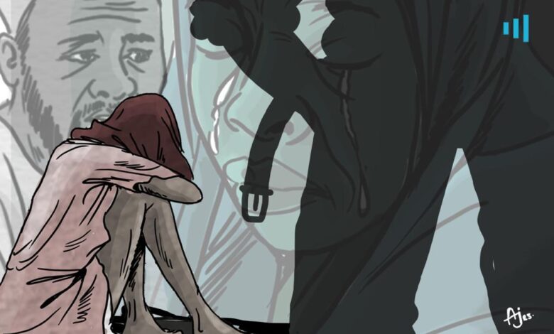 Illustration of a distressed person being comforted in the foreground, with concerned faces in the background.