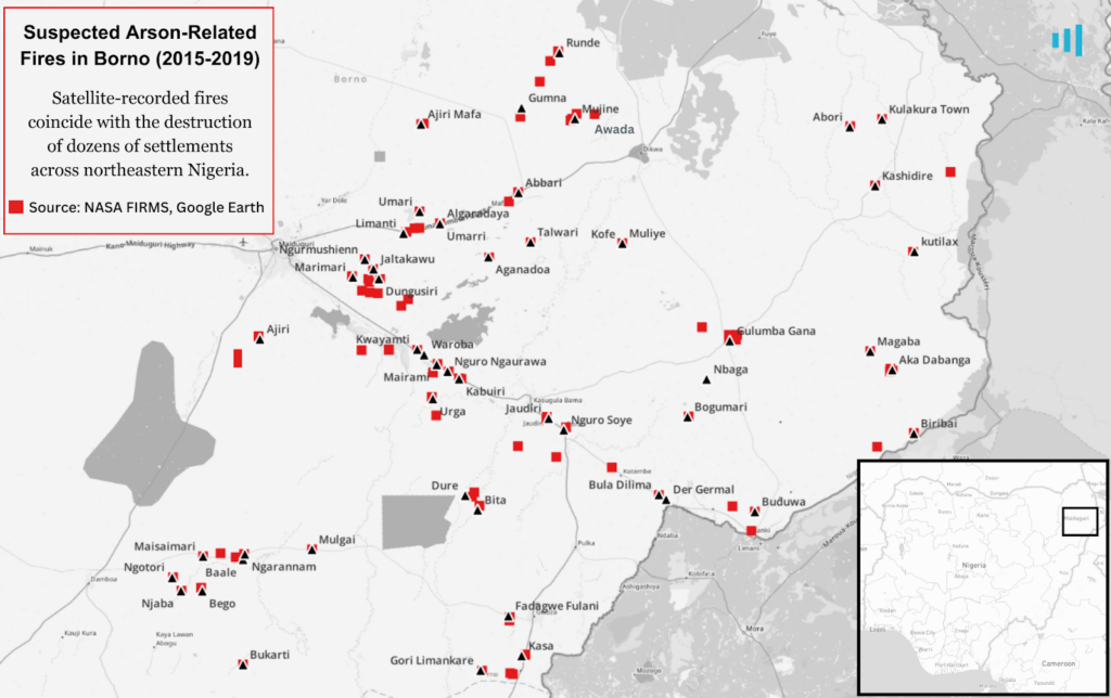 Map showing locations of suspected arson-related fires in Borno, Nigeria from 2015-2019 with red squares marking affected areas.